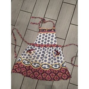 Anthropologie Boho Mixed Print Halter Apron Purple Ikat Medallion Cotton Pockets
